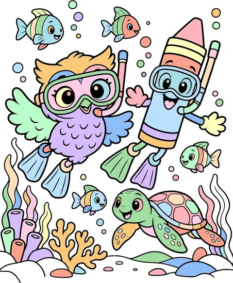 Colored page of Ollie and Coco snorkeling with fish and a turtle
