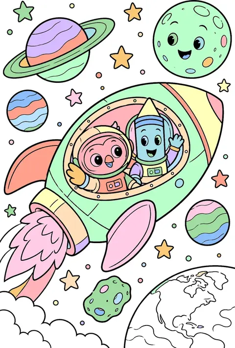 Colored page of Ollie and Coco flying a rocket through space