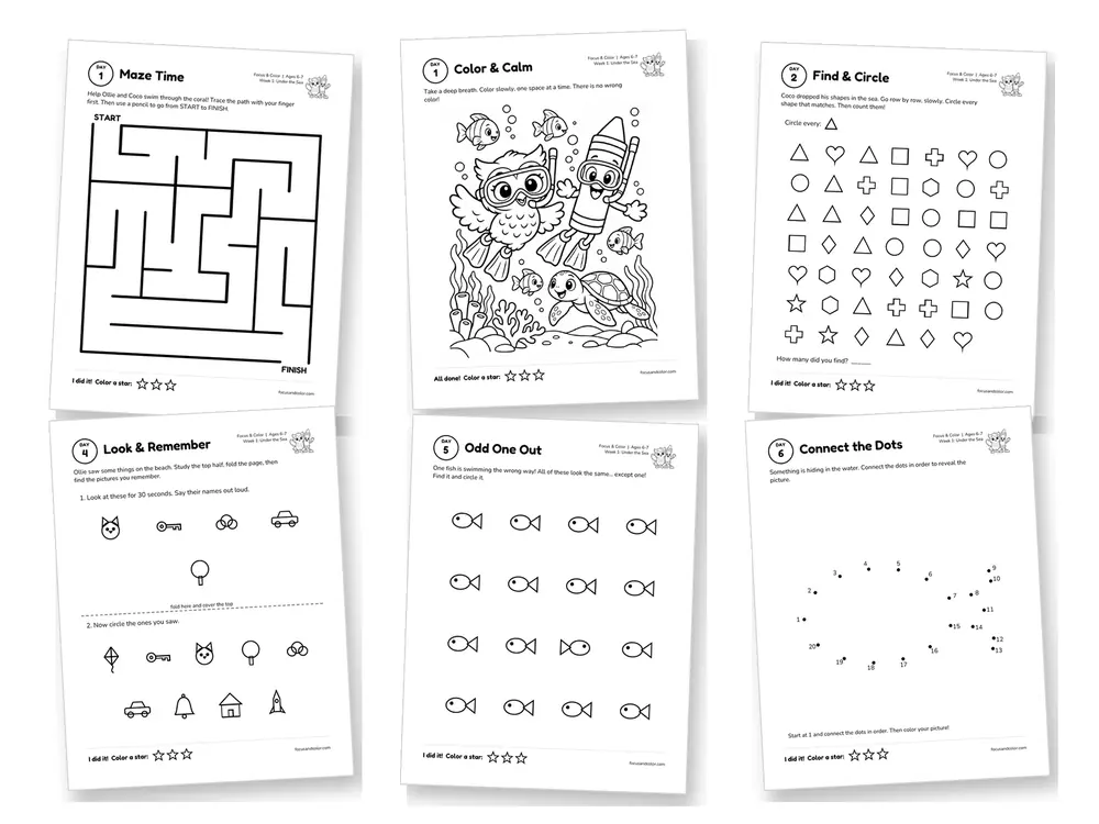 Inside pages: mazes, find and circle, memory game, odd one out, connect the dots and coloring