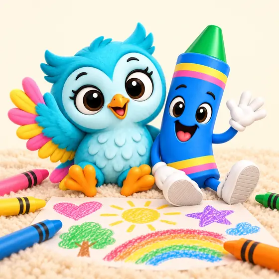 Ollie and Coco sitting on a rug next to a colored drawing
