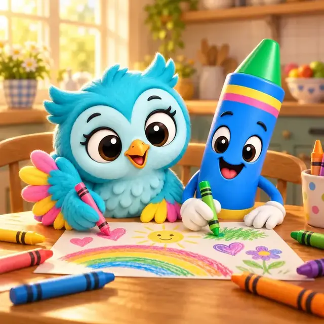 Ollie and Coco coloring a rainbow together at the kitchen table